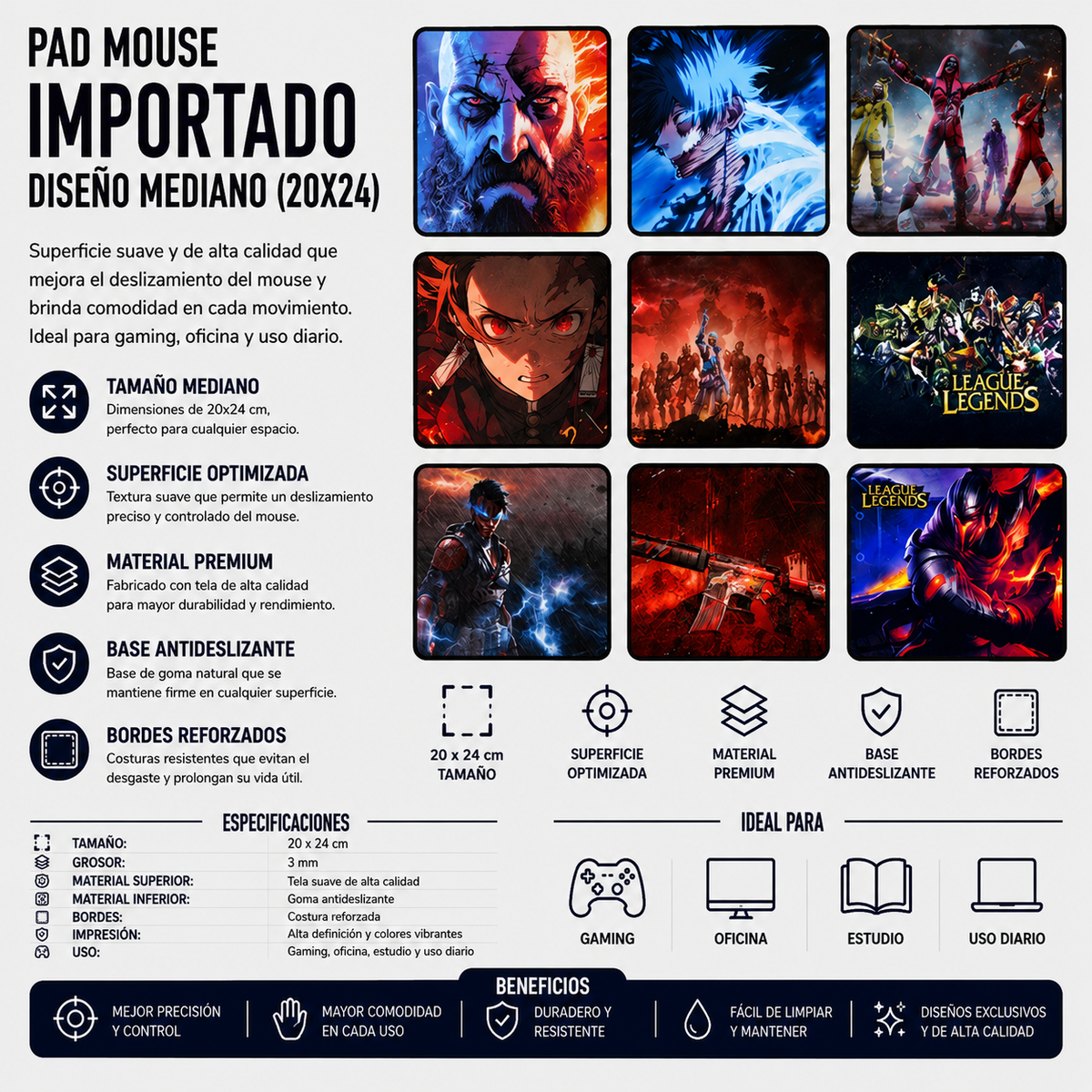 Pad Mouse Importado Diseño Mediano 20 × 24 cm