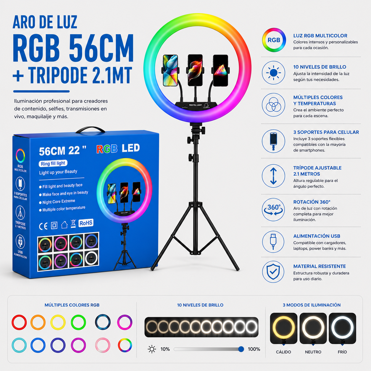 ARO DE LUZ RGB 56CM + TRIPODE 2.1MT