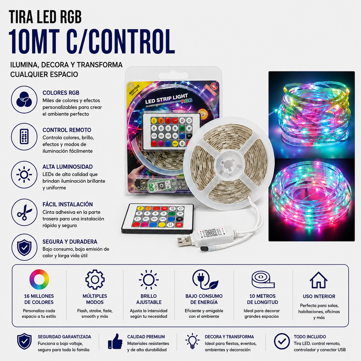 Tira LED RGB USB 10 Metros con Control Remoto