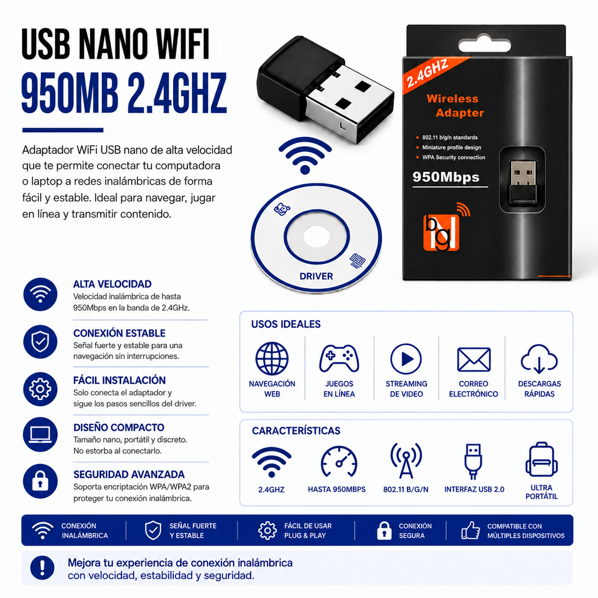 Adaptador USB Nano WiFi 950 Mbps 2.4 GHz