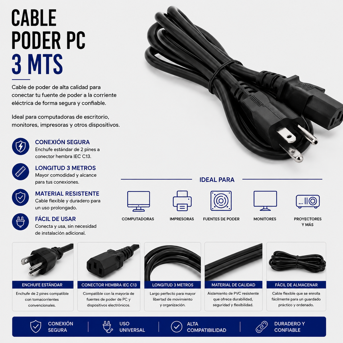 Cable de Poder para PC 3 Metros