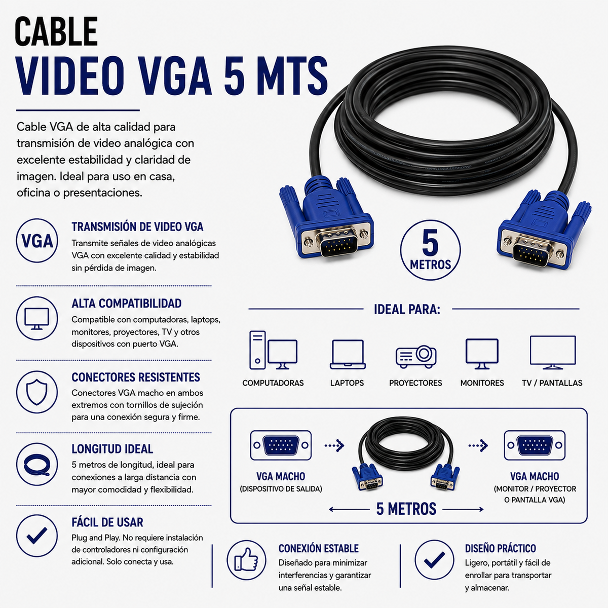 CABLE DE VIDEO VGA 5 Metros