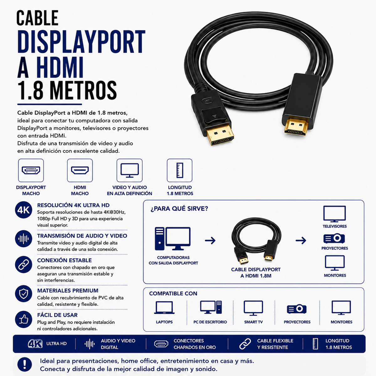 Cable DisplayPort a HDMI – 1.8 Metros