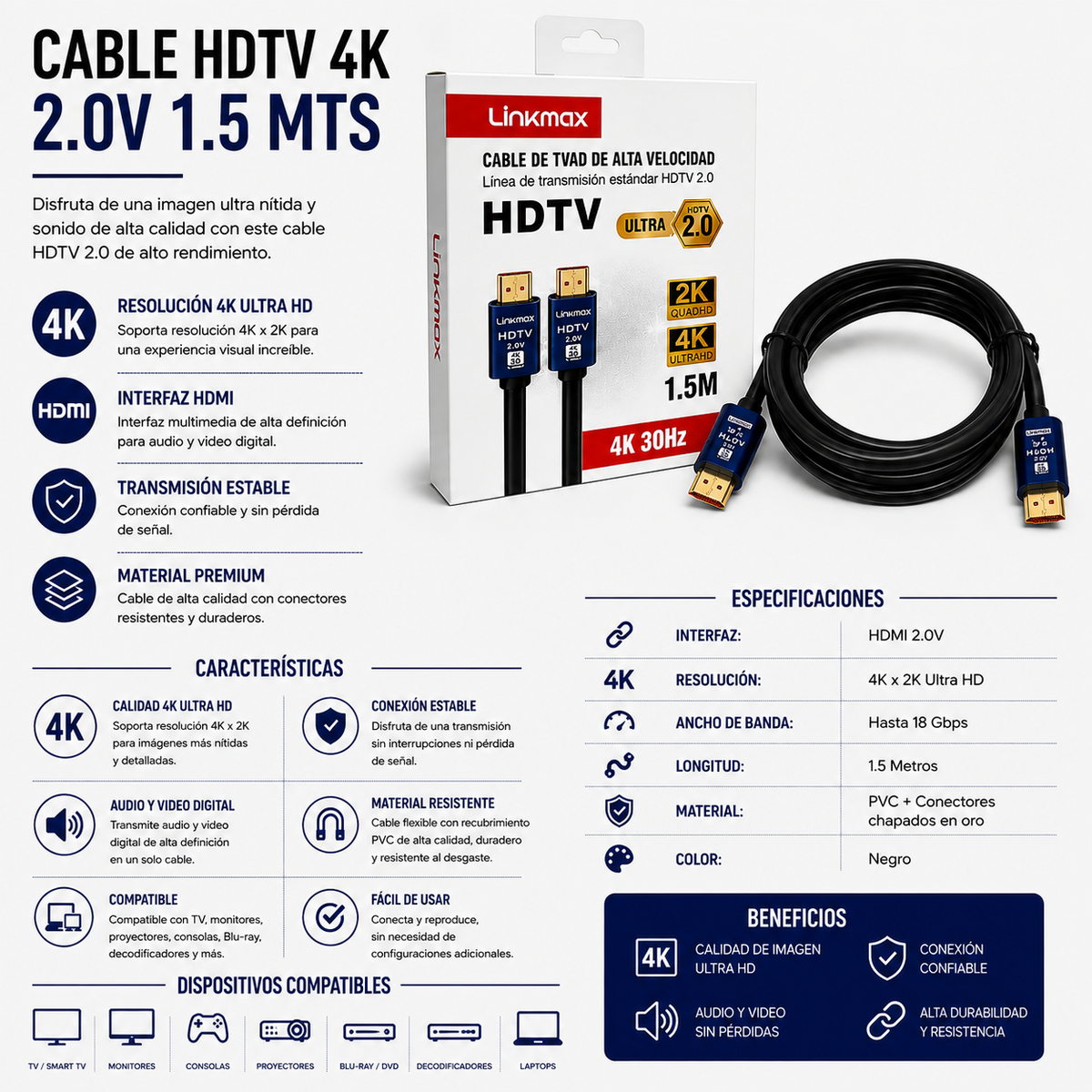 CABLE HDTV 4K HDMI 2.0V – 1.5 Metros