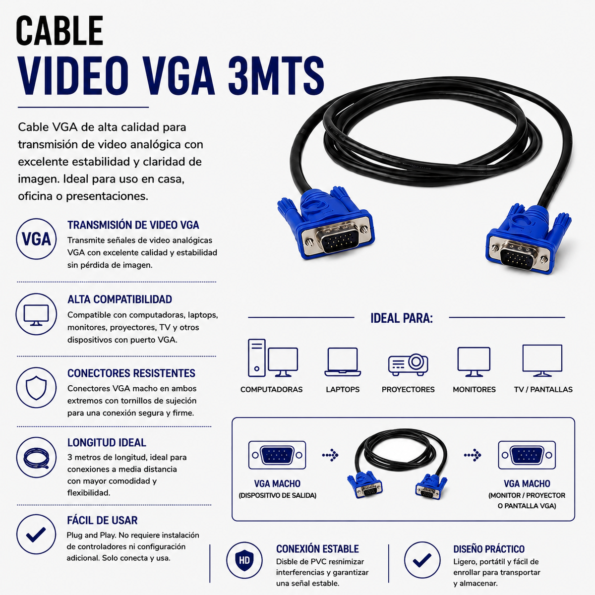 CABLE DE VIDEO VGA 3 Metros