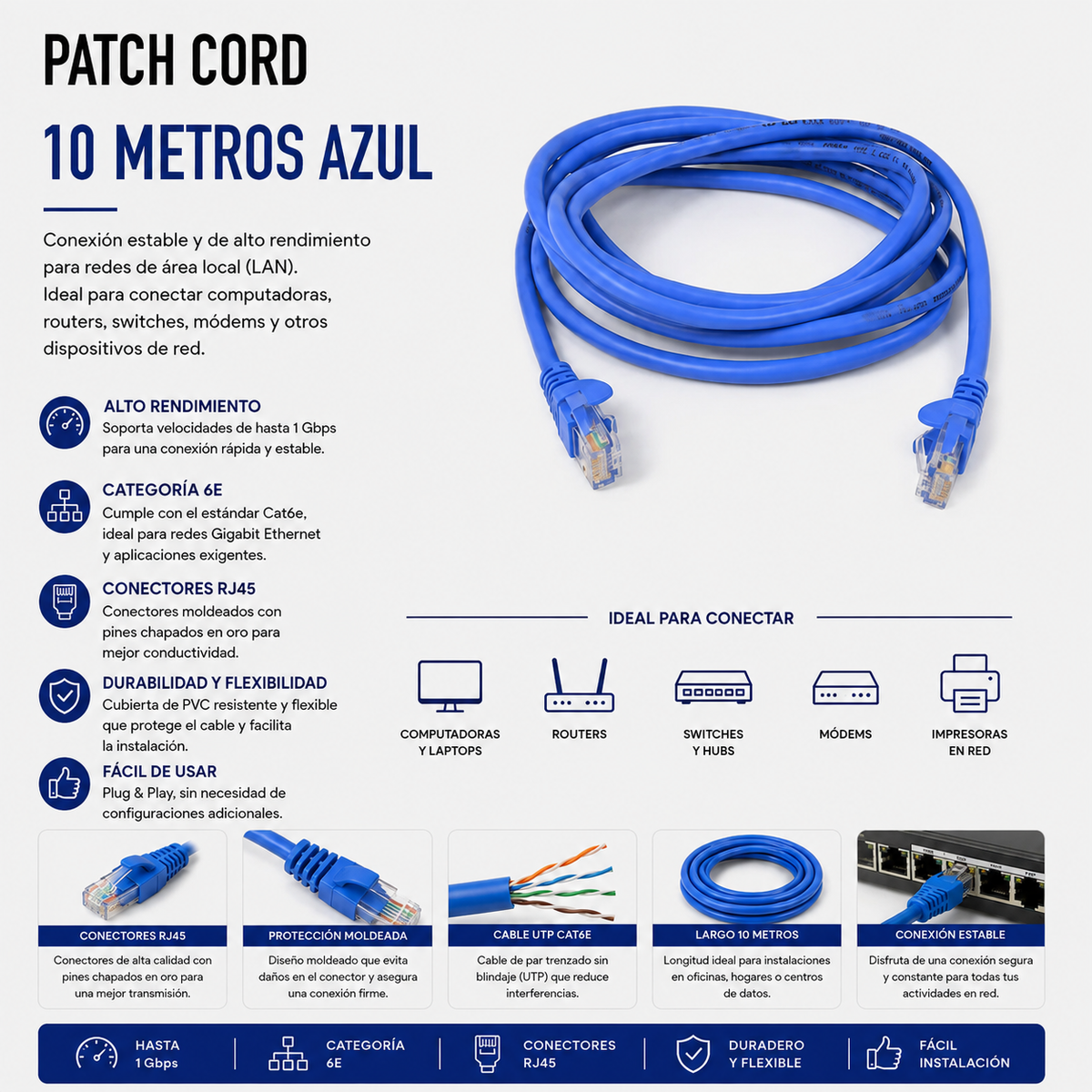 Cable Patch Cord CAT.6 10 Metros Azul