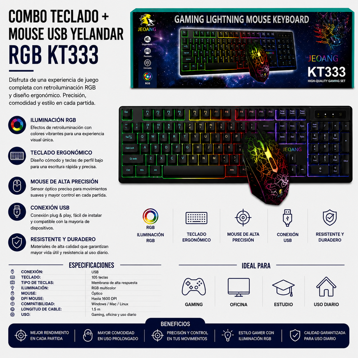 Combo Teclado + Mouse USB Gamer RGB KT333