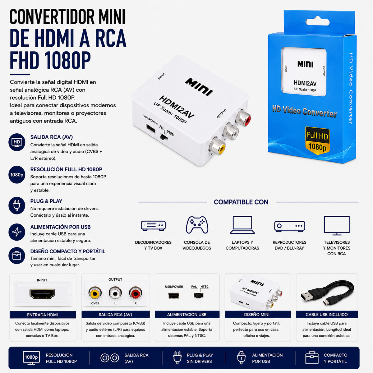 Convertidor Mini HDMI a RCA Full HD 1080P