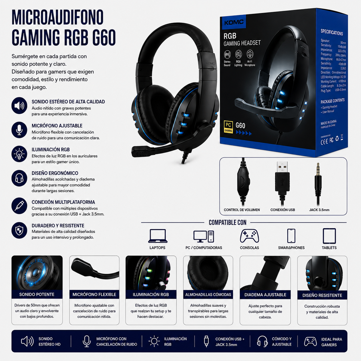Microaudífono Gamer RGB G60 con Micrófono