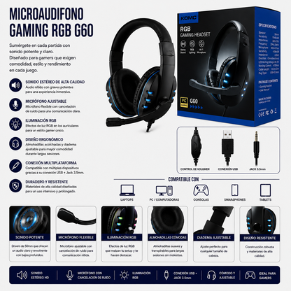 Microaudífono Gamer RGB G60 con Micrófono