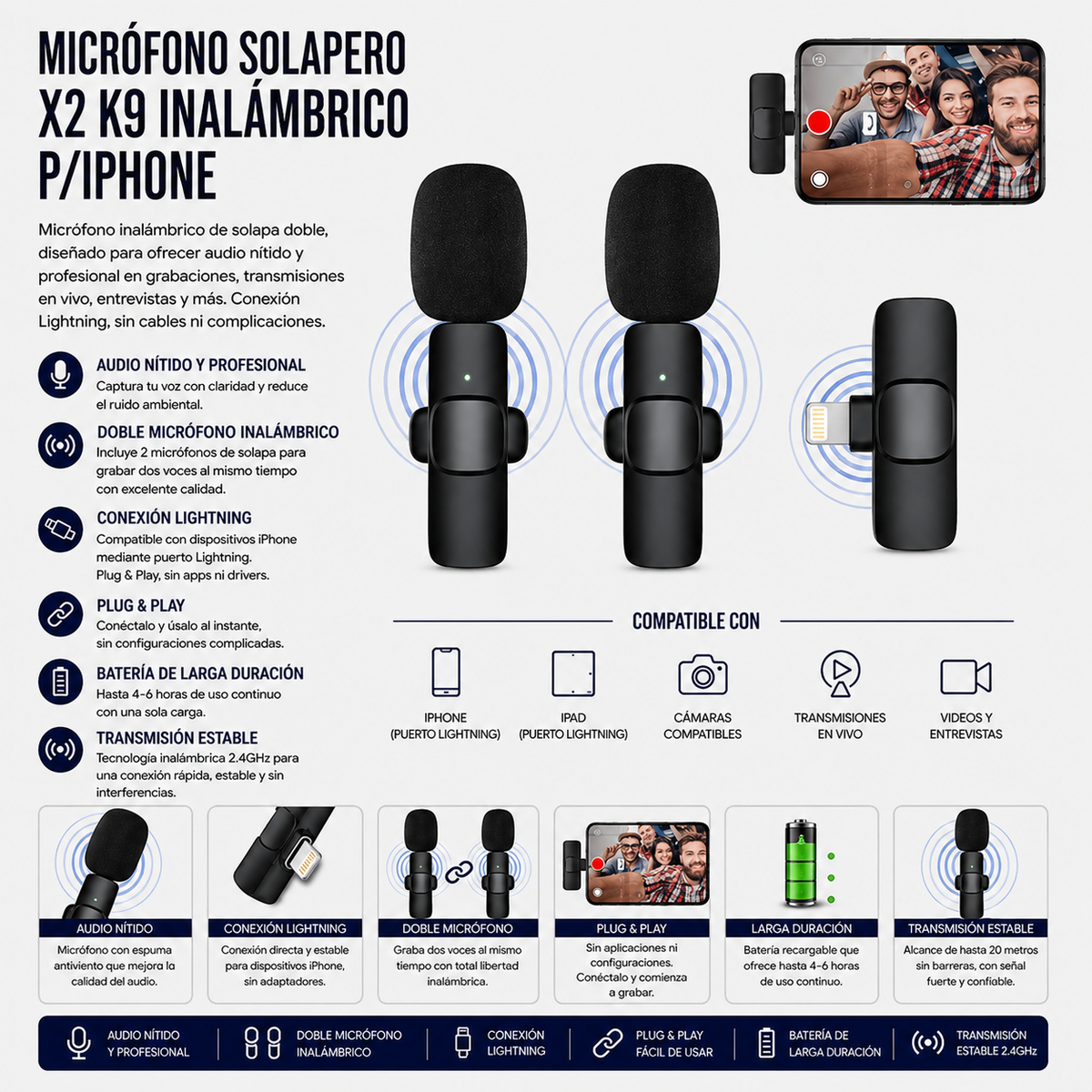 Micrófono Solapero Inalámbrico Doble K9 para iPhone
