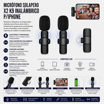 Micrófono Solapero Inalámbrico Doble K9 para iPhone