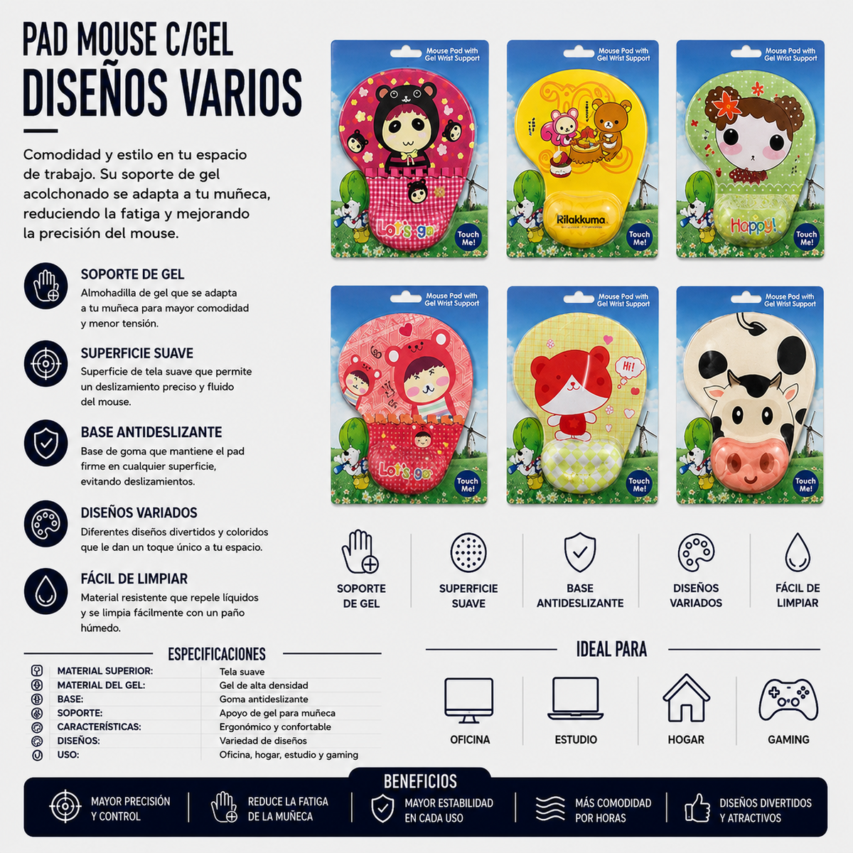 Pad Mouse con Gel Ergonómico – Diseños Variados