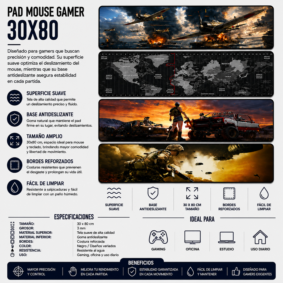 Pad Mouse Gamer XL 30 × 80 cm – Diseños Variados