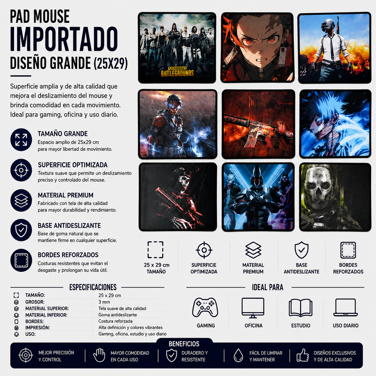 Pad Mouse Importado Diseño Grande 25 × 29 cm