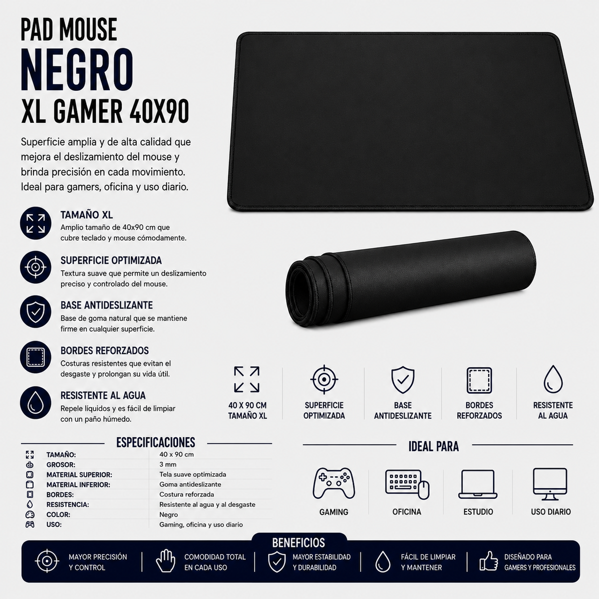 Pad Mouse Negro XL Gamer 40 × 90 cm