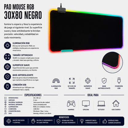 Pad Mouse RGB Gamer 30 × 80 cm – Negro