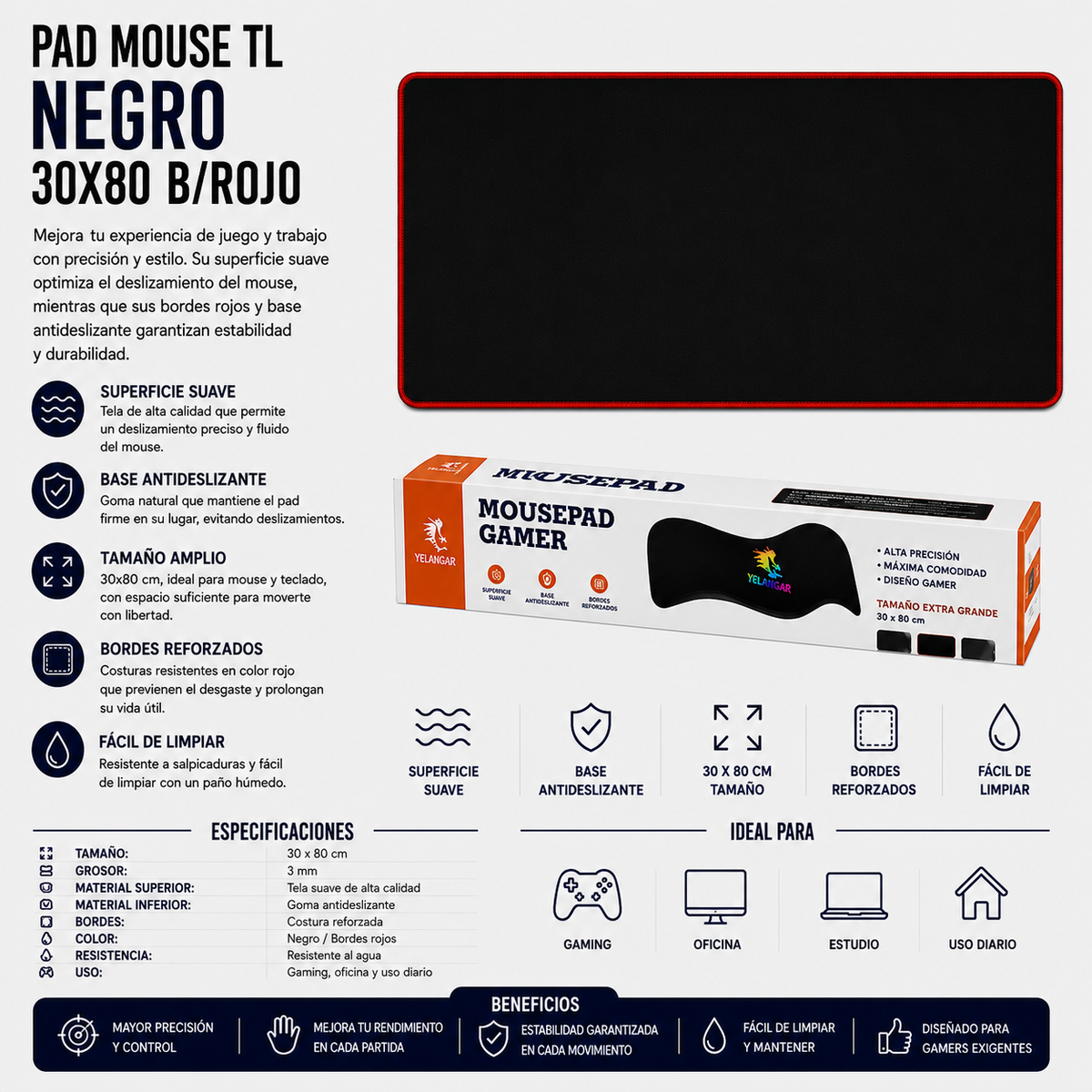 Pad Mouse TL Gamer Negro 30 × 80 cm – Borde Rojo