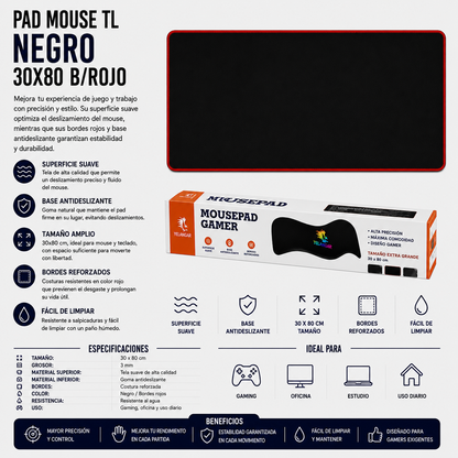 Pad Mouse TL Gamer Negro 30 × 80 cm – Borde Rojo