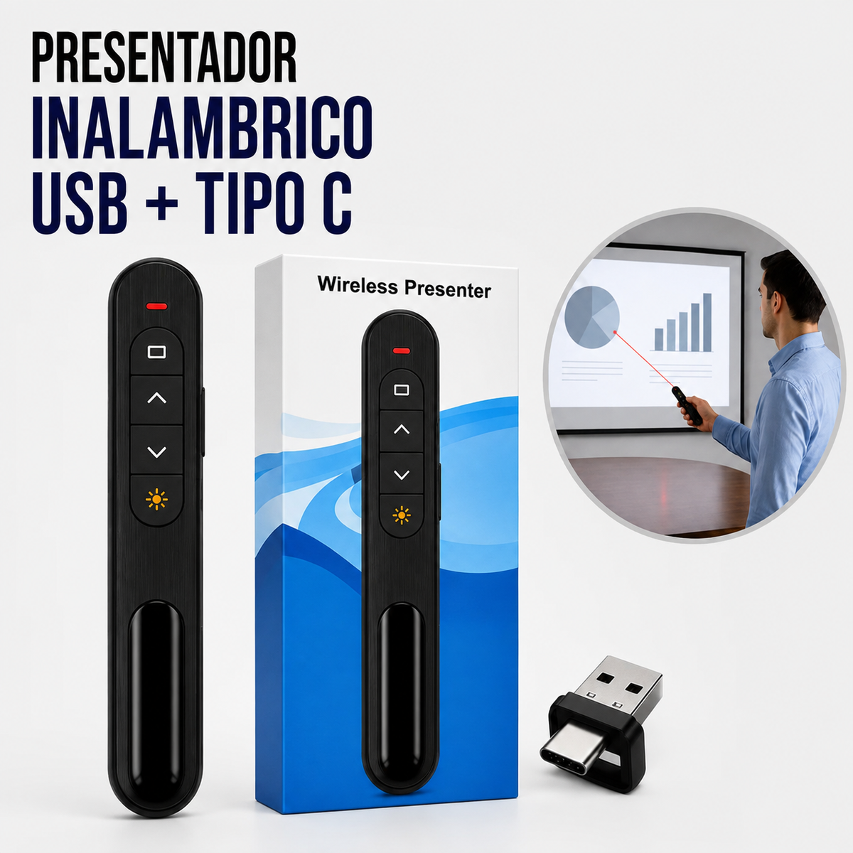 PRESENTADOR INALÁMBRICO USB + TIPO C PARA PRESENTACIONES