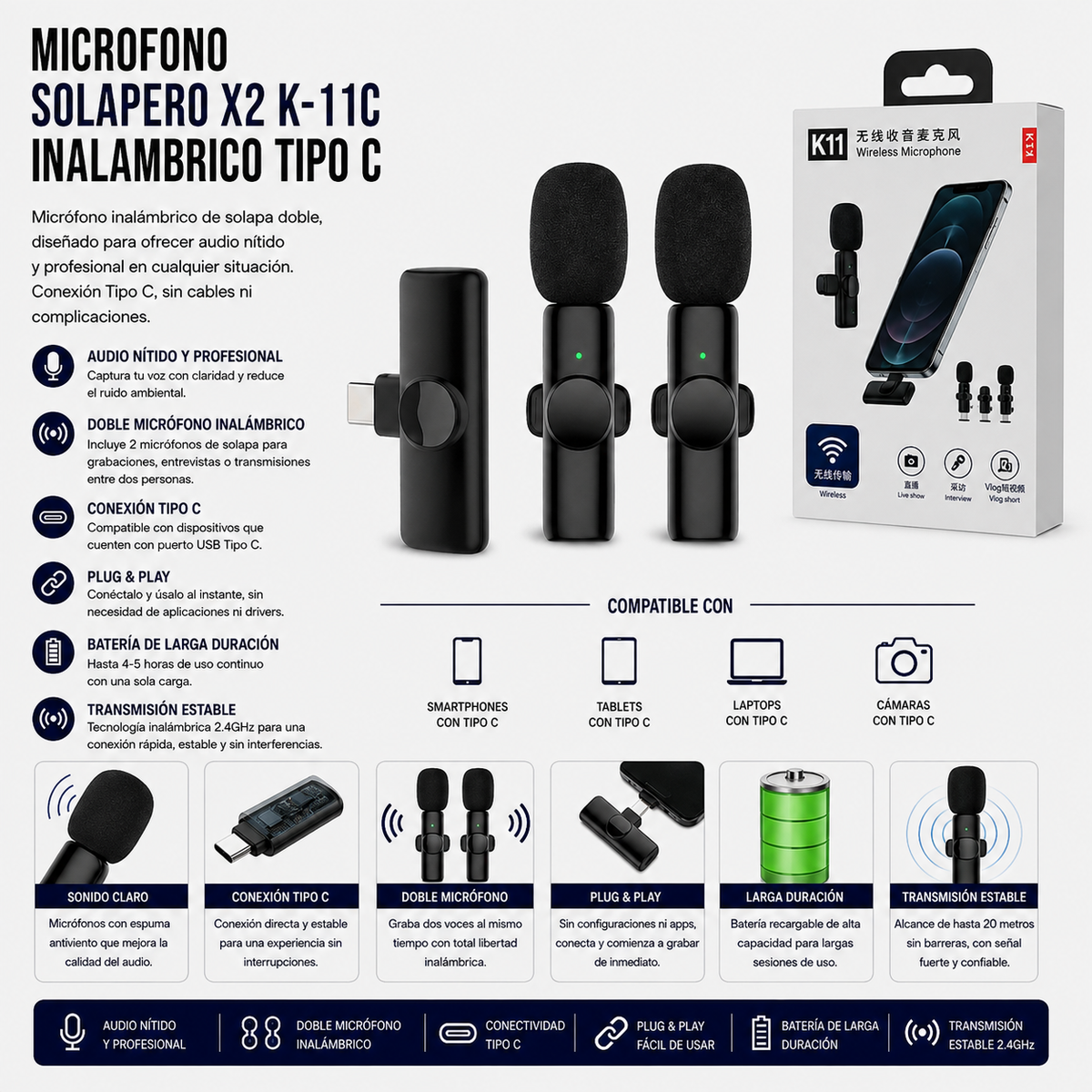 Micrófono Solapero Inalámbrico K2 K-11C USB Tipo-C