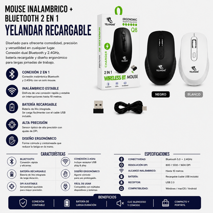 MOUSE INALÁMBRICO + BLUETOOTH 2 en 1 RECARGABLE YELANDAR Q8