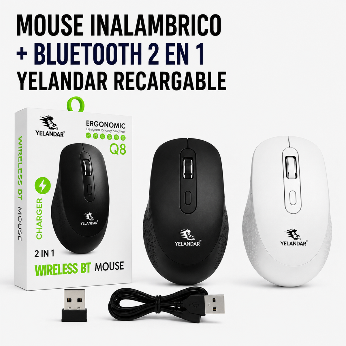 MOUSE INALÁMBRICO + BLUETOOTH 2 en 1 RECARGABLE YELANDAR Q8