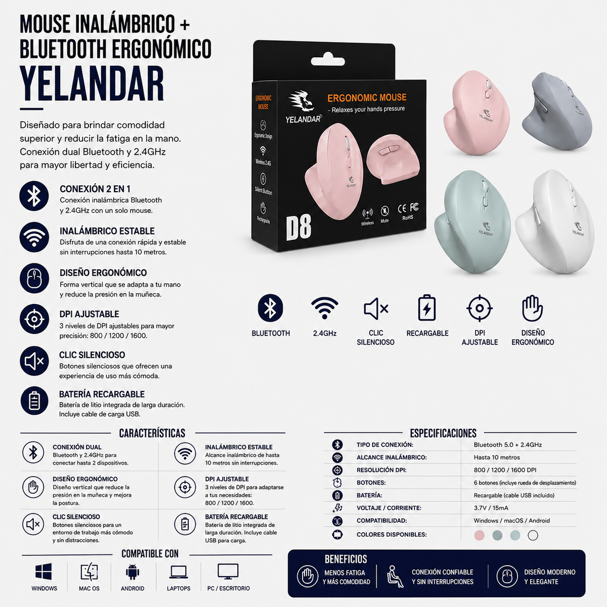 MOUSE INALÁMBRICO + BLUETOOTH ERGONÓMICO YELANDAR D8