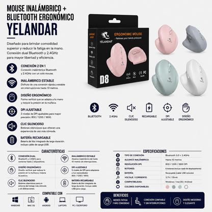 MOUSE INALÁMBRICO + BLUETOOTH ERGONÓMICO YELANDAR D8