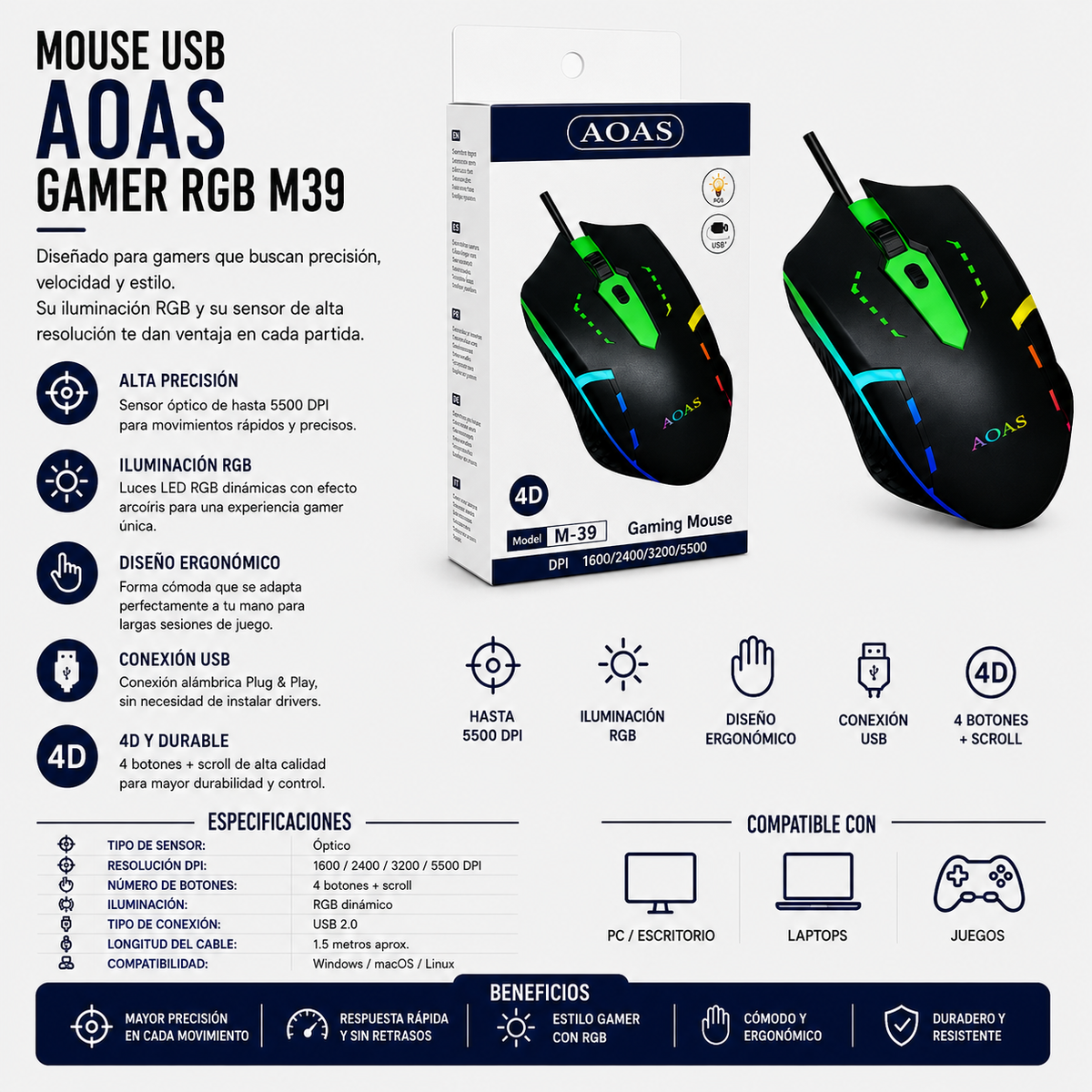 Mouse USB Gamer RGB AOAS M39