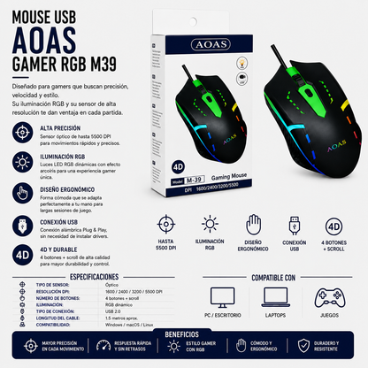 Mouse USB Gamer RGB AOAS M39