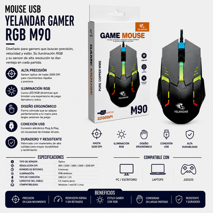 Mouse USB Gamer RGB Yelandar M90