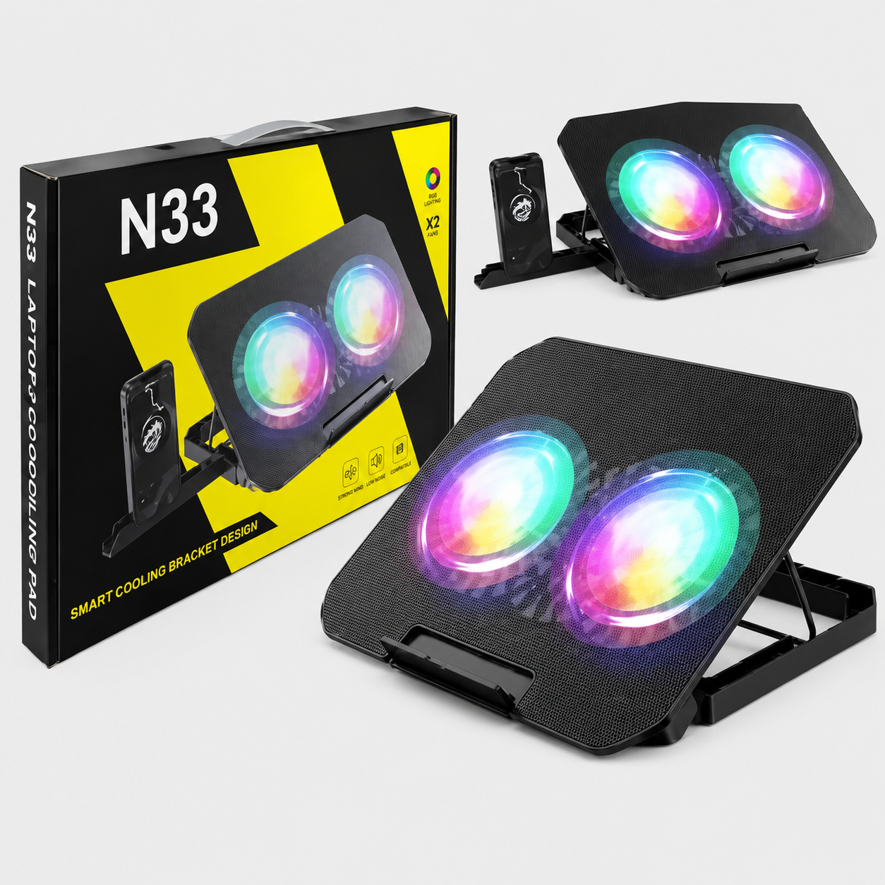 COOLER PARA NOTEBOOK N33 RGB (2 VEN) + SOPORTE P/ CELULAR14-17 PULG