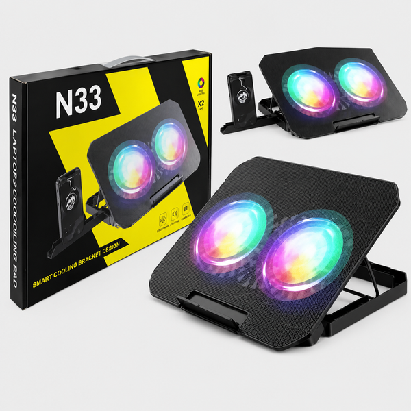 COOLER PARA NOTEBOOK N33 RGB (2 VEN) + SOPORTE P/ CELULAR14-17 PULG