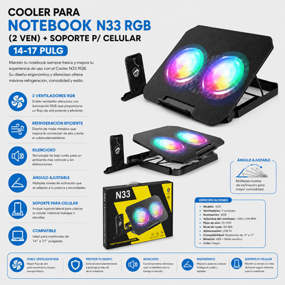 COOLER PARA NOTEBOOK N33 RGB (2 VEN) + SOPORTE P/ CELULAR14-17 PULG