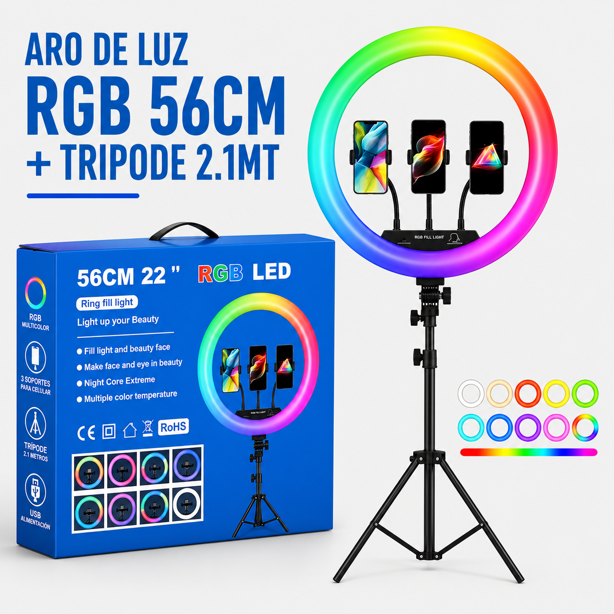 ARO DE LUZ RGB 56CM + TRIPODE 2.1MT