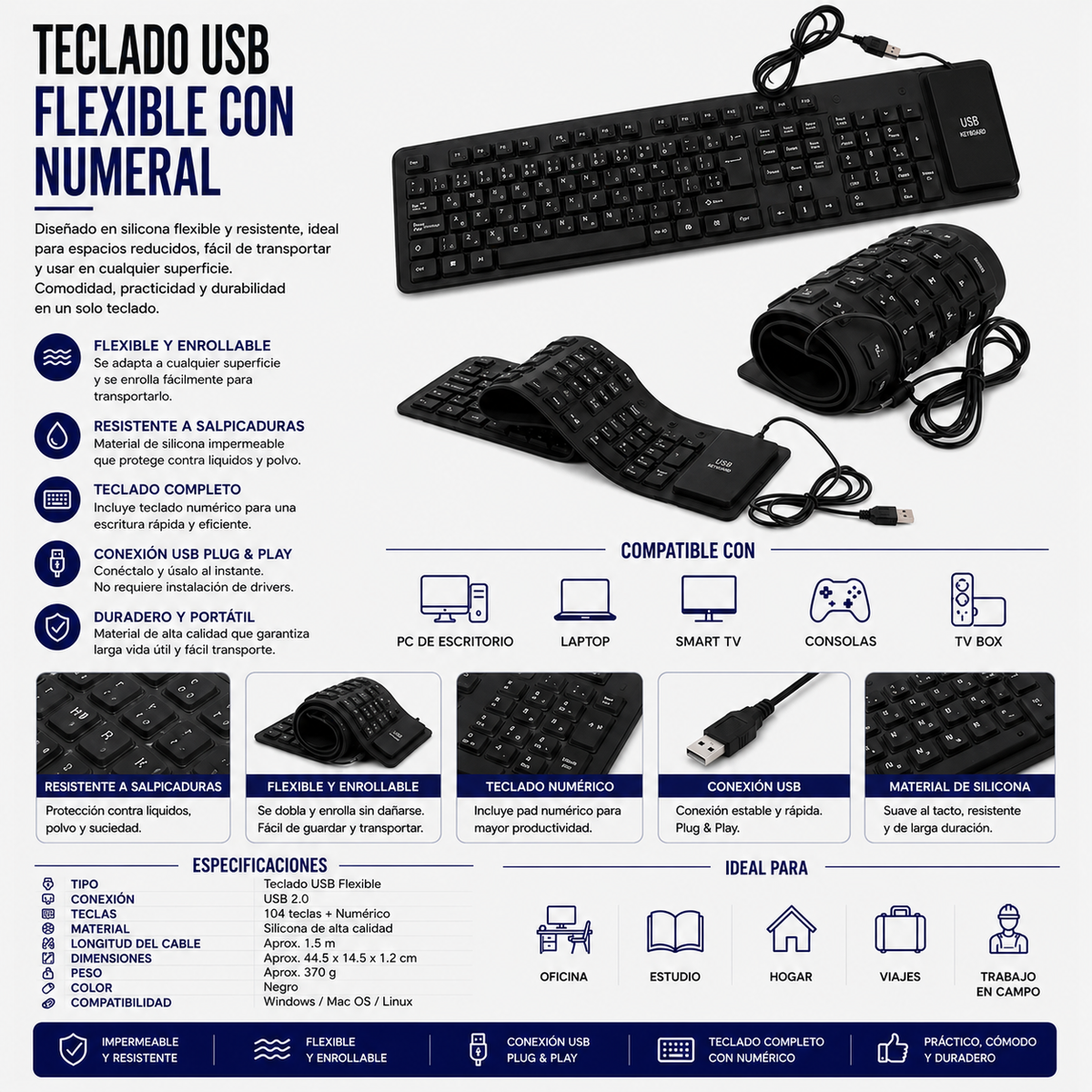 Teclado USB Flexible con Teclado Numérico GK86