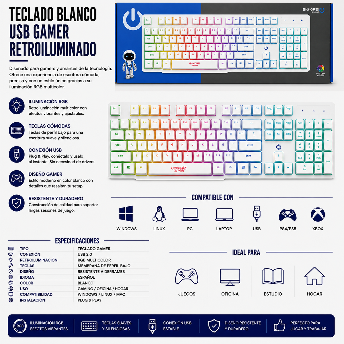 Teclado USB Gamer ENK603W – Blanco RGB
