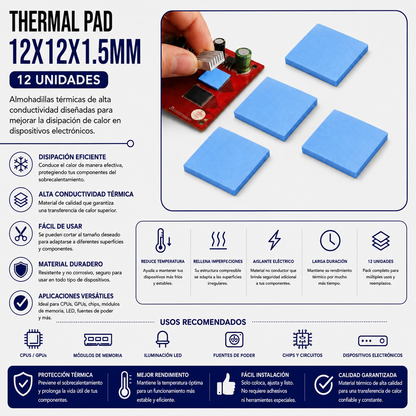 Thermal Pad 12 × 12 × 1.5 mm – Paquete x 12 Unidades