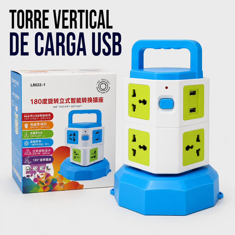 Torre Vertical de Carga USB con Tomas Universales