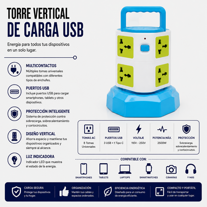 Torre Vertical de Carga USB con Tomas Universales