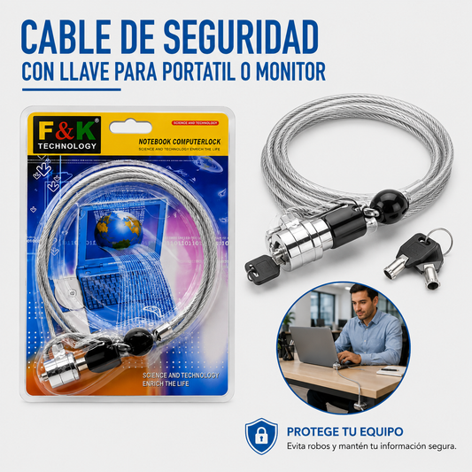 CABLE DE SEGURIDAD CON LLAVE PARA PORTATIL O MONITOR