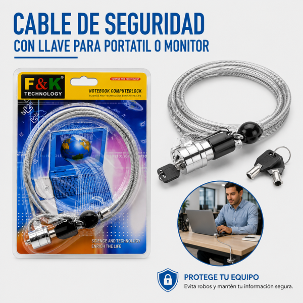CABLE DE SEGURIDAD CON LLAVE PARA PORTATIL O MONITOR