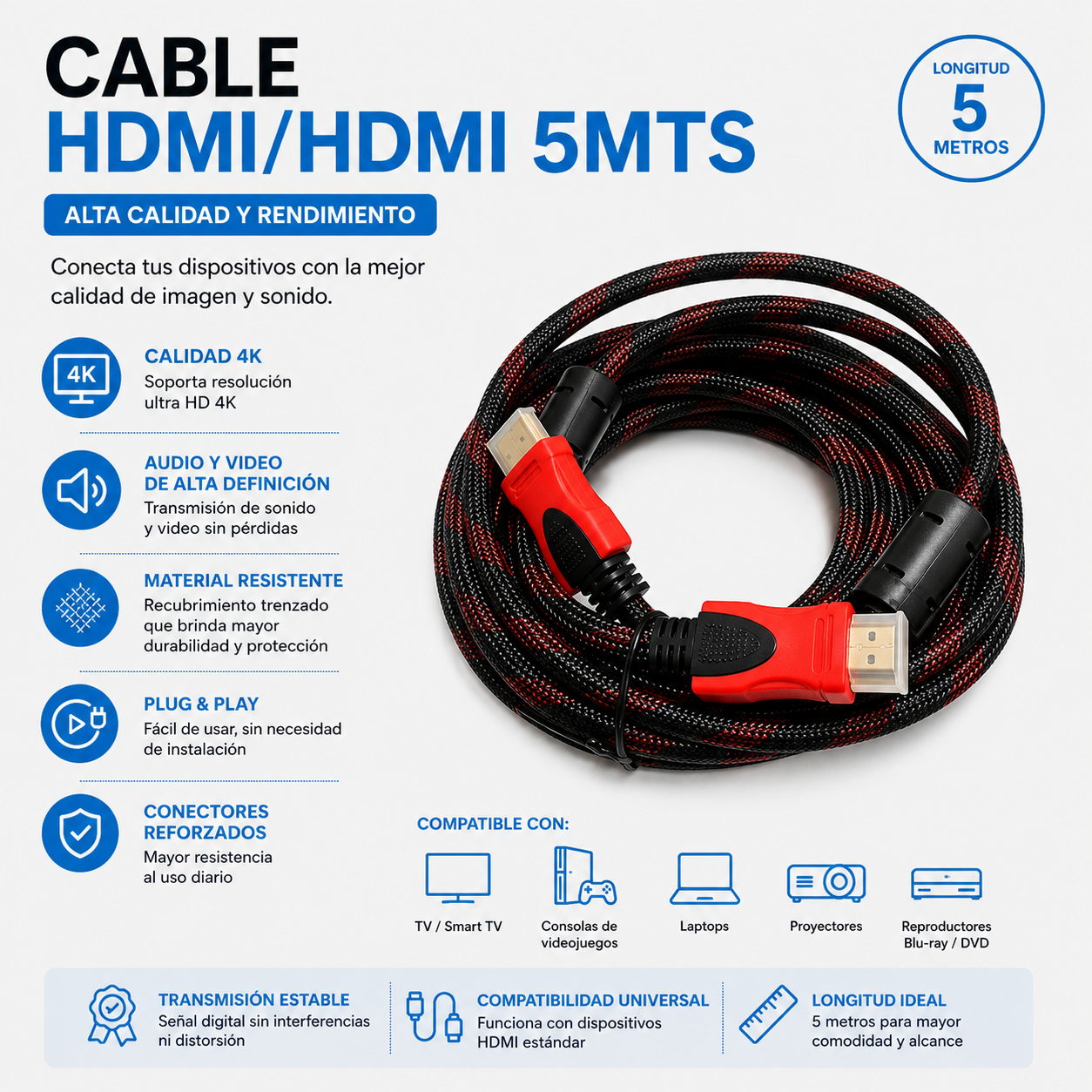 Cable HDMI a HDMI 5 Metros – Alta Velocidad para Audio y Video en Alta Definición