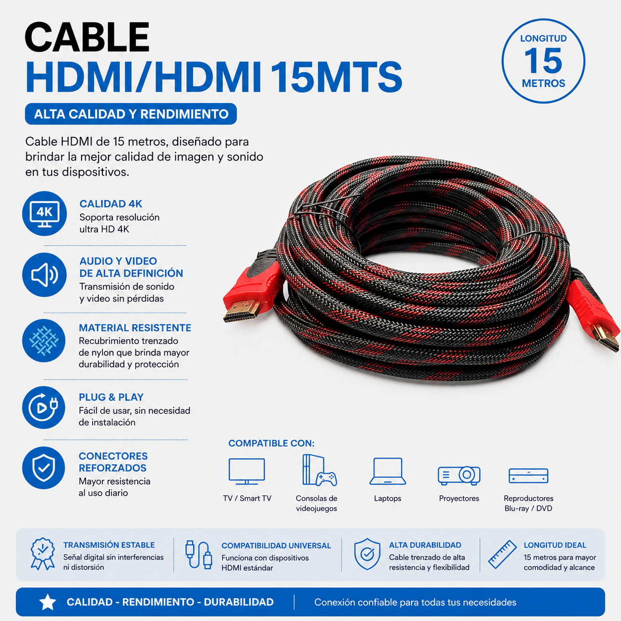 Cable HDMI a HDMI 15 Metros – Alta Velocidad para Audio y Video en Alta Definición