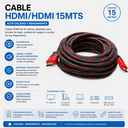 Cable HDMI a HDMI 15 Metros – Alta Velocidad para Audio y Video en Alta Definición