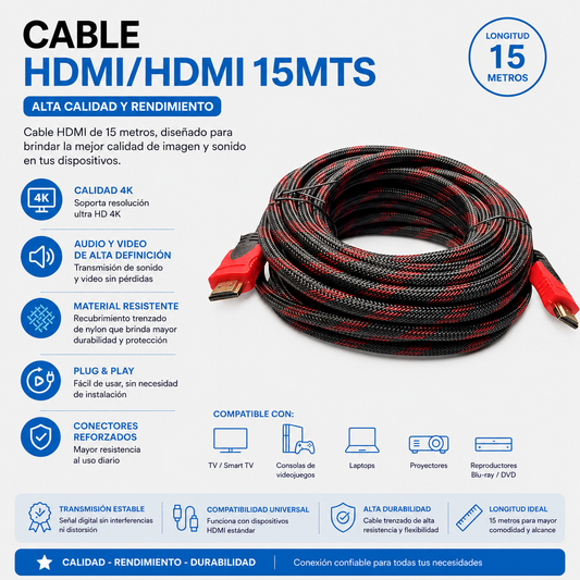 Cable HDMI a HDMI 15 Metros – Alta Velocidad para Audio y Video en Alta Definición
