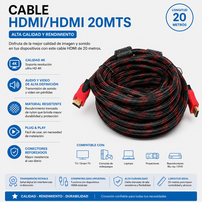 Cable HDMI a HDMI 20 Metros – Alta Velocidad para Audio y Video en Alta Definición