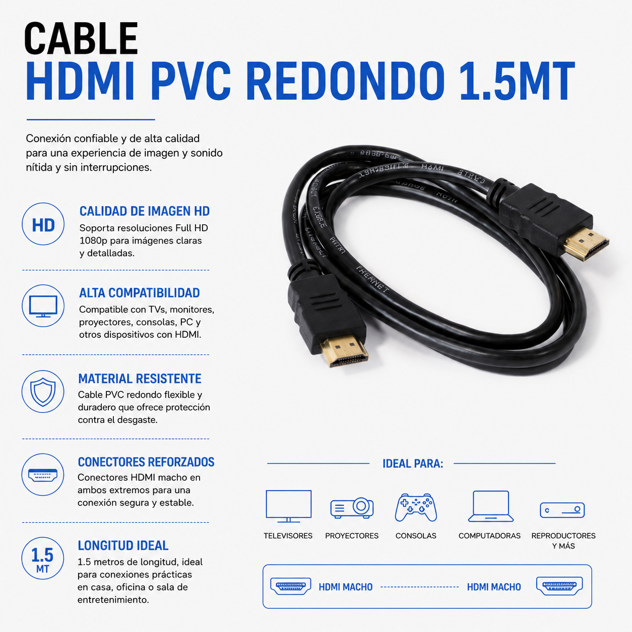 CABLE HDMI PVC REDONDO 1.5 METROS