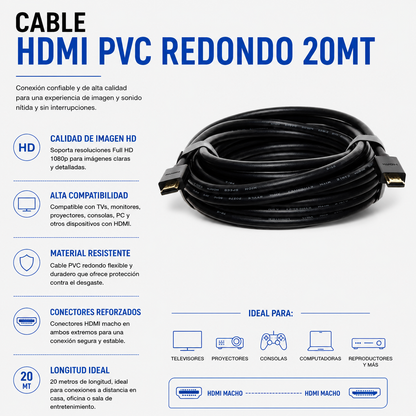 CABLE HDMI PVC REDONDO 20 METROS